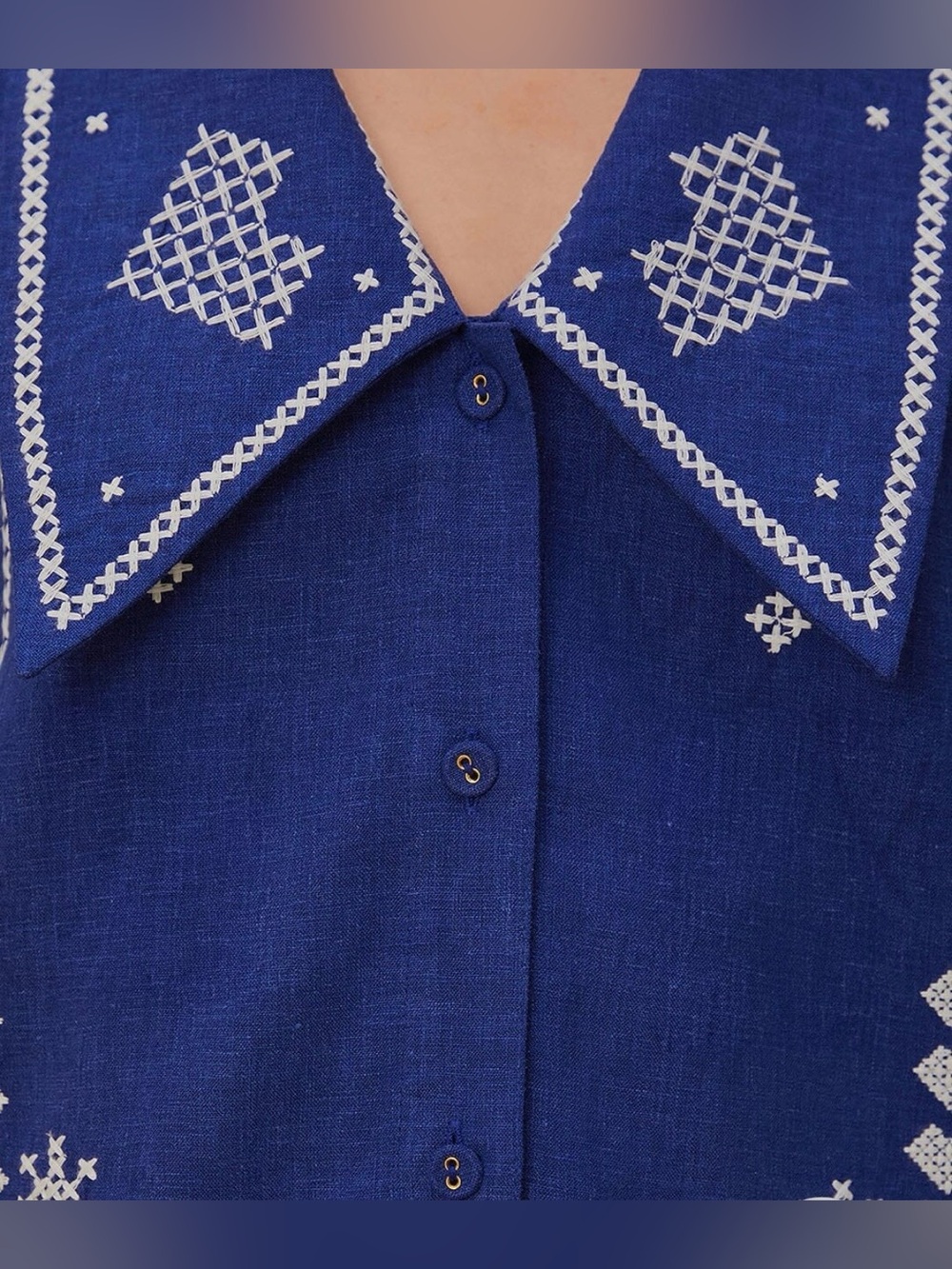 Farm Rio- Blue Embroidered Short-Sleeve Button-Up Shirt - Picture 15 of 16